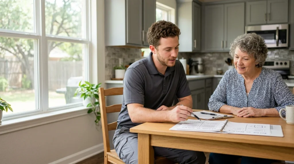 Going through options at a kitchen table